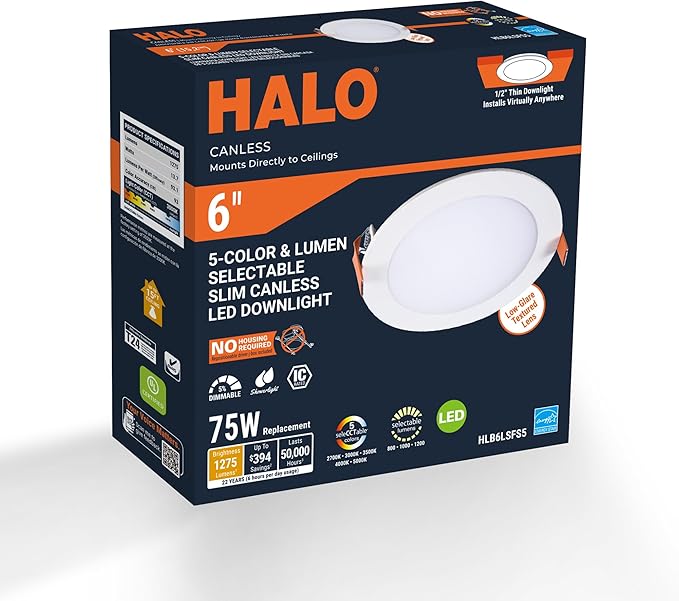 HALO HLB 6 in LED Recessed Lighting Canless Dimmable Wet Location Selectable Lumens and Selectable Color 27/30/35/40/5000K Indoor Outdoor Soffit Ceiling Downlight HLB6LSFS5