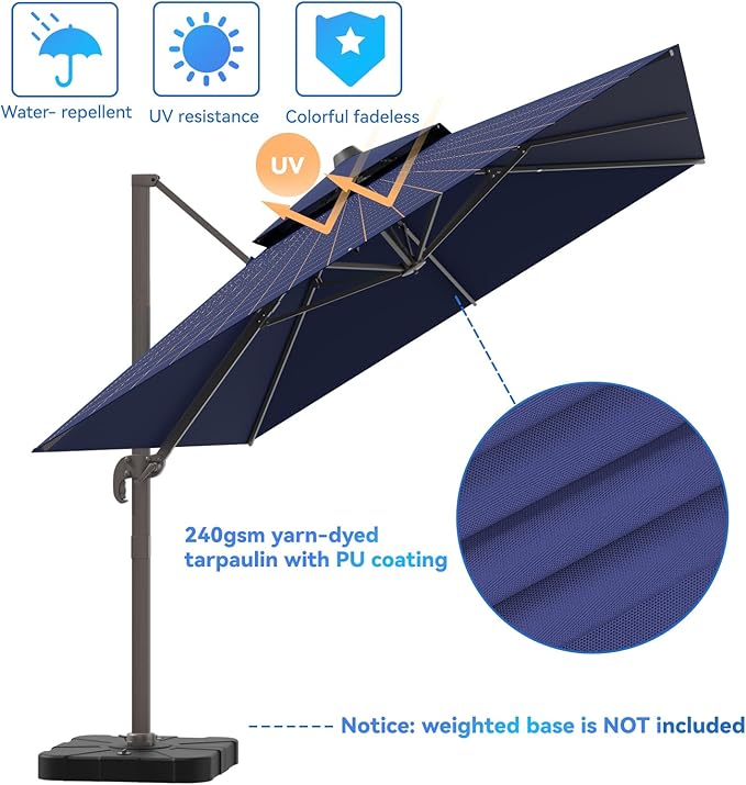 10x13FT Cantilever Outdoor Patio Umbrellas, Double Top Large Rectangle Umbrella, Heavy Duty 360° Rotation Offset Outdoor Sun Shade Umbrella for Garden Deck Pool Backyard Patio, Navy Blue