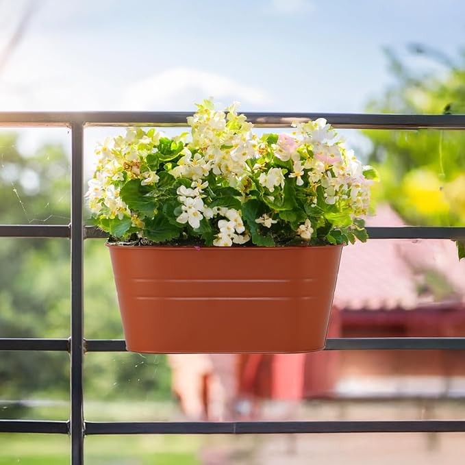 3 Pack Metal Railing Planters, 10.5" Oval Hanging Flower Pots with Detachable Hooks & Drainage Holes, Fits Rails up to 2.36", Galvanized Iron Fence Bucket for Balcony Garden Patio - Terracotta