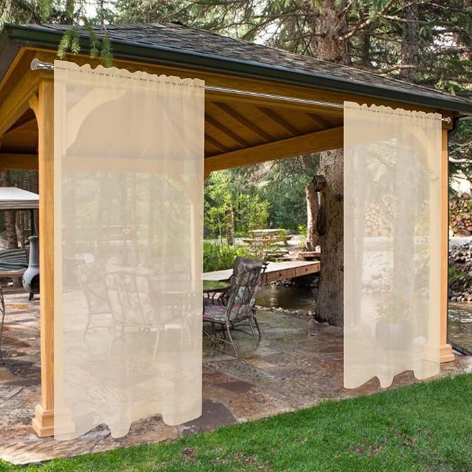 SpaceDresser Waterproof Outdoor Sheer Curtains for Patio - 4 Panels Rod Pocket Indoor Voile Sheer Curtain for Living Room,52W x 84L inch, Beige