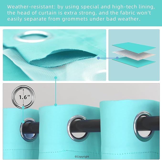 Waterproof Outdoor Curtain W105 x L84 - Grommet Top Sunlight Blocking Window Treatment Drapes Blackout Curtains for Home Bedroom Living Room Outdoor Patio Porch Gazebo (Teal Blue, 2 Panels)
