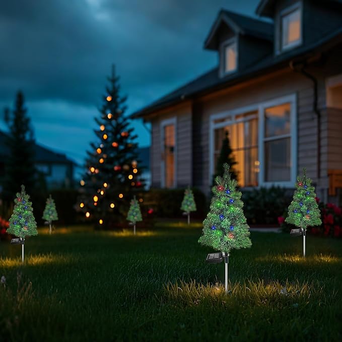 4PCS Solar Christmas Tree Garden Stake Lights Outdoor Waterproof Pathway Lights Xmas Tree Light for Lawn Patio Yard Front Porch Christmas Decor