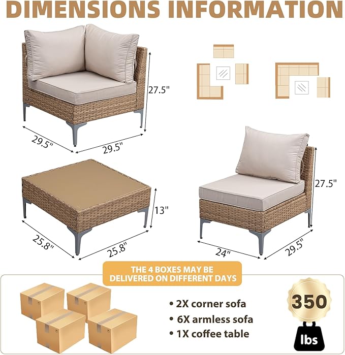 9 Piece Wicker Patio Furniture Set,Outdoor Conversation Sectional Sofa w/Coffee Table,All-Weather Outdoor Sofa with Thick and Anti-Slip Cushions for Deck,Poolside,Garden,Beige