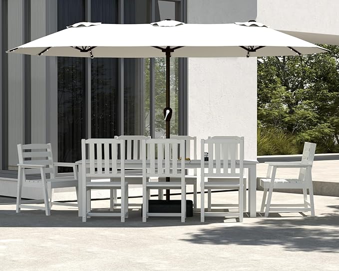 9-Piece White Outdoor Dining Set with White 15FT Large Patio Umbrella, 75.2'' HDPE Table & Chairs for 8, Weather-Resistant Furniture with Umbrella Hole for Patio, Lawn, Poolside