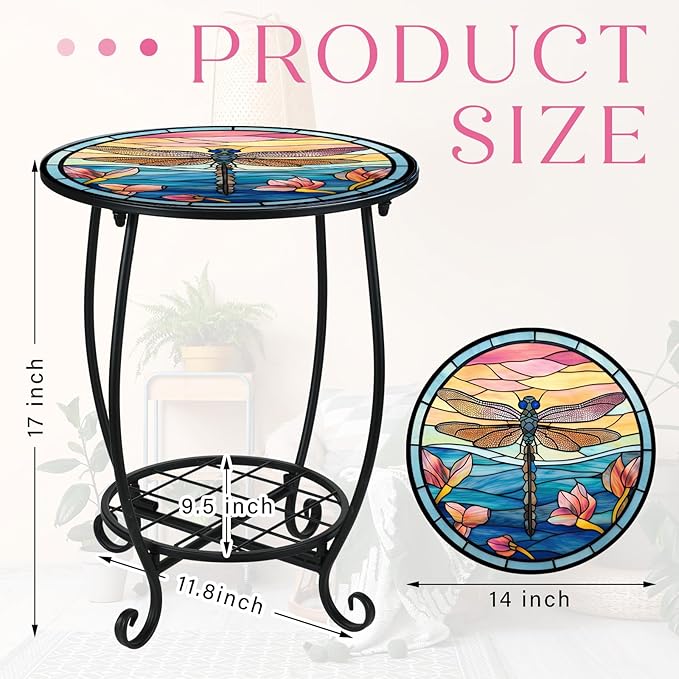 Outdoor Side Table Round Small Mosaic Patio Accent Indoor End Plant Coffee Tea Table for Yard Patio Porch Garden Living Room, Bedroom(Dragonfly Style,14 Inch)
