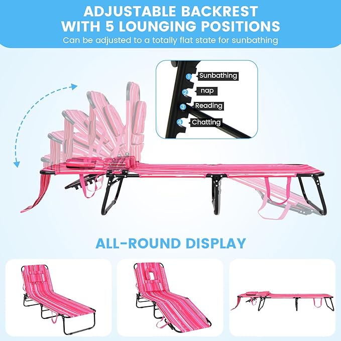 GYMAX Tanning Chair, 350lbs Beach Lounge Chair with Face Hole, Washable Pillow & Carry Strap, Adjustable Folding Chaise Lounge, Layout Lounger for Outside, Patio, Poolside, Lawn (1, Pink Stripe)