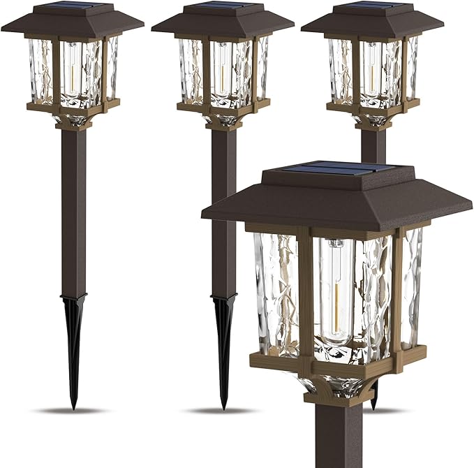 XMCOSY+ Solar Pathway Lights Outdoor, 2-Tone LED Waterproof Garden Outdoor Lighting for Yard Stainless Steel & Glass Solar Powered Landscape Walkway Driveway Decor (4 Pack, Warm White)