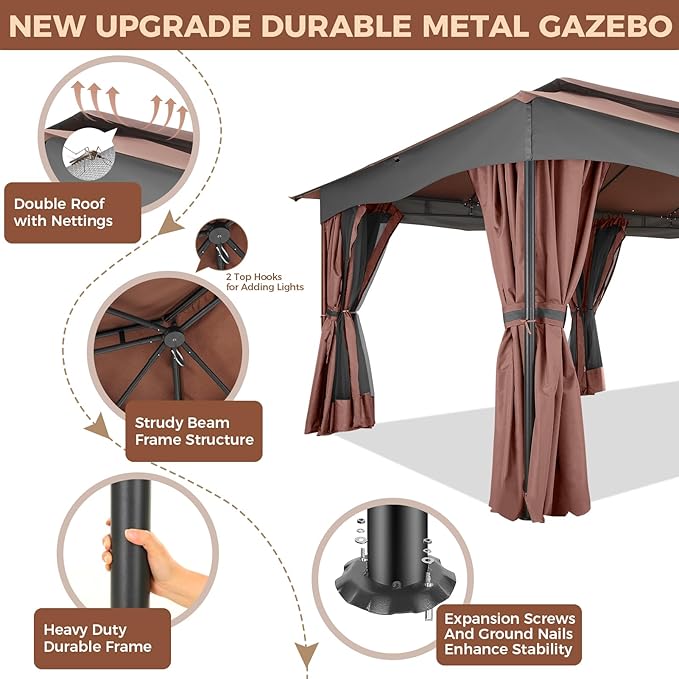 COBIZI Gazebo 12x20 Heavy Duty Gazebos with Curtain and Netting Outdoor Gazebo Canopy Double Roof Patio Gazebos with Metal Steel Frame for Patio, Deck, Backyard-Brown