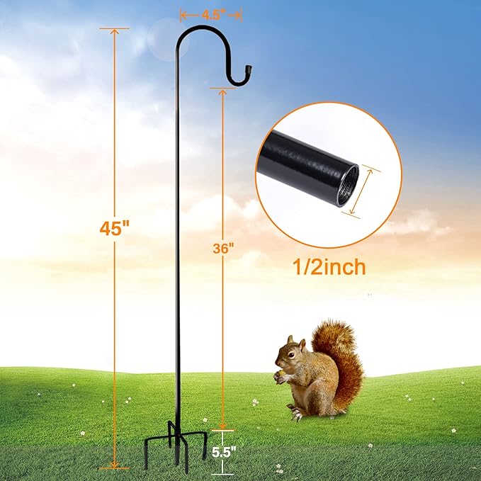 Ottsuls Bird Feeder Pole, 45 INCH Heavy Duty Shepherds Hooks for Outdoor with 5 Prong Base, Adjustable Stand Hanger for Garden Plant, Hummingbird Feeder, Lantern, Hanging Wedding Decor (2 Pack)