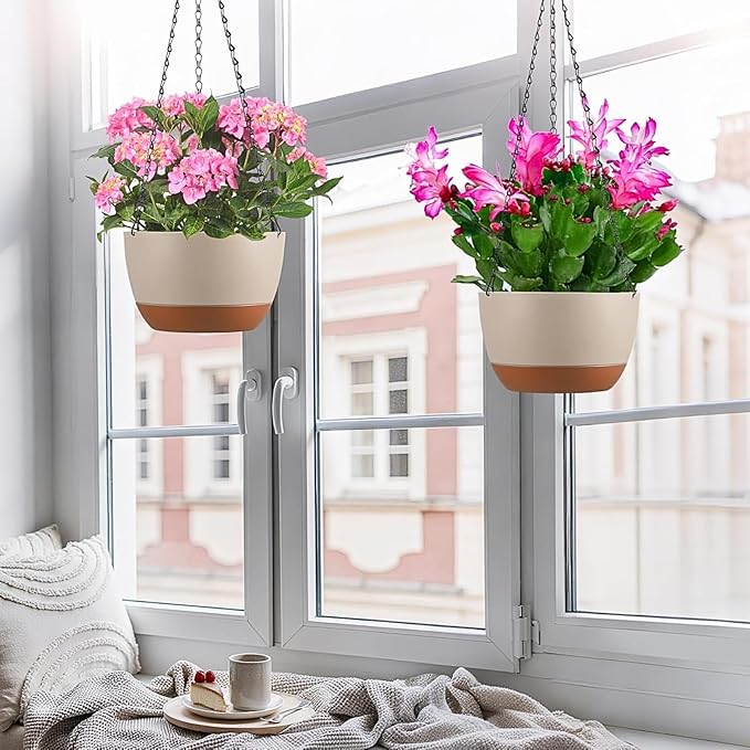 Hanging Planters for Indoor Plants, Set of 2 8/10 Inch Self-Watering Hanging Pots with Drainage Hole & Removable Water-Storage Tray II Screw-in Hooks