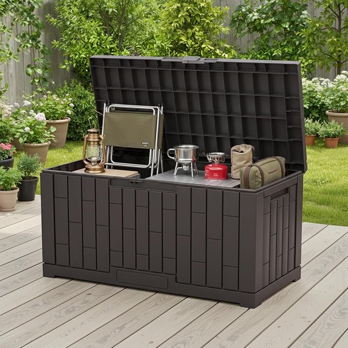 NEWBULIG 60 Gallon Deck Box, Waterproof Outdoor Storage Box with Lockable Lid, Patio Furniture Bench & Side Table, Outside Storage Container, Tool-Free Assembly, for Garden, Pool, Brown