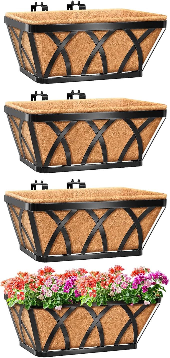 Riare 4 Pack 16 Inch Metal Railing Planter Window Box with Coco Liner- Adjustable Window Flower Boxes for Railings, Hanging Rail Planters for Deck, Balcony, Porch, Fence, Indoor Outdoor Plants