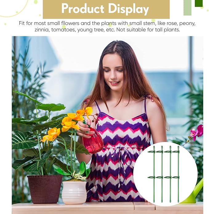 meekoo 30 Pcs Adjustable Garden Plant Support Stakes Single Stem Plant Cage Support Rings with Clips and Connect Pipe for Orchid Rose Tomato, 12 Inch (Green)