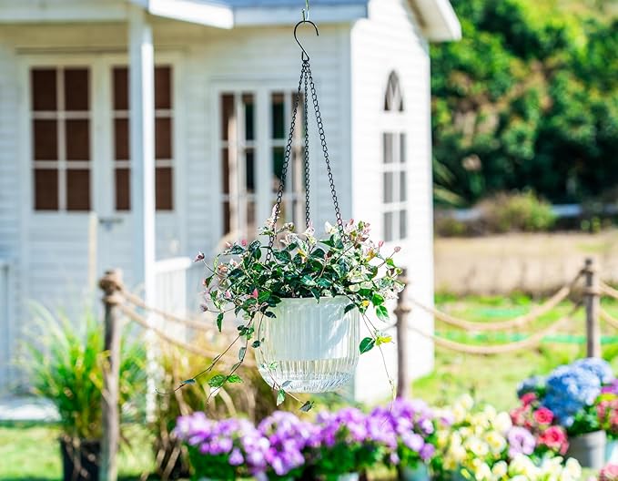 Melphoe 2 Pack Self Watering Hanging Planters Indoor Flower Pots, 6.5 Inch Outdoor Hanging Plant Pot Basket, Plant Hanger with 3Hooks Drainage Holes for Garden Home (Gray + White)