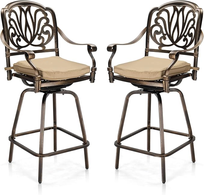 VINGLI Outdoor Swivel Bar Stools Set of 2, Cast Aluminum Patio Bar Height Chairs, All-Weather Bar Dining Chairs Outdoor Swivel Patio Furniture (Elizabethan Back)