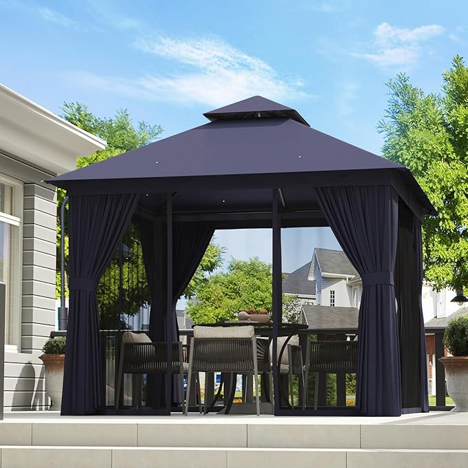 Aoxun Outdoor Gazebo for Patio 8x8 Metal Frame Canopy with Double Roofs Heavy Duty Party Tent and Shelter with Mosquito Netting and Privacy Screen for Backyard, Lawn, Garden, Deck (Navy Blue)