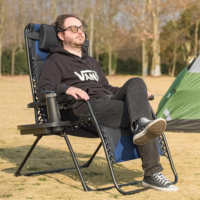 Zero Gravity Chair Set of 4 Oversized Folding Recliner, Padded Anti Gravity Lounge Chair with Adjustable Pillow & Cup Holder for Outdoor Camping, Patio, Poolside, Lawn (Black & Blue)