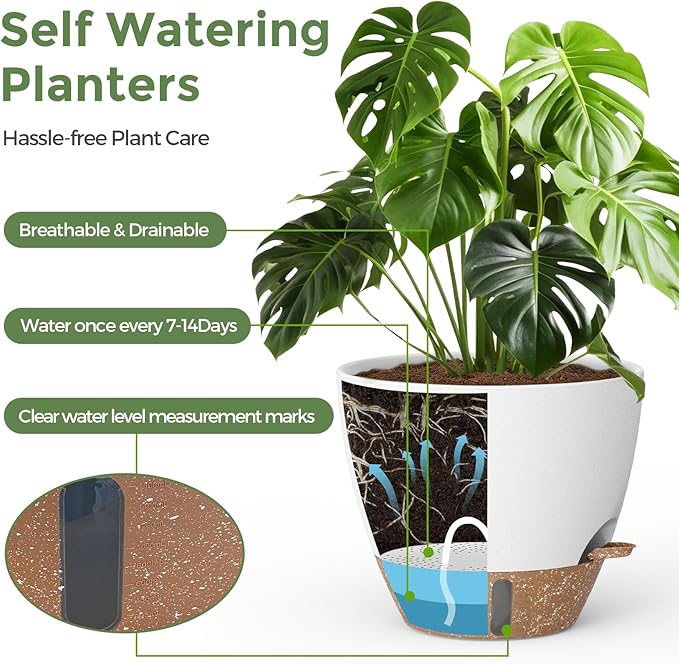 Plant Pots, 12" 10" 6" 8" Inch Self Watering Pots with Water Level Indicator, Set of 5 Flower Pots Indoor with Drainage Holes, Modern Planters for Indoor Outdoor Plants, Room & Office Décor