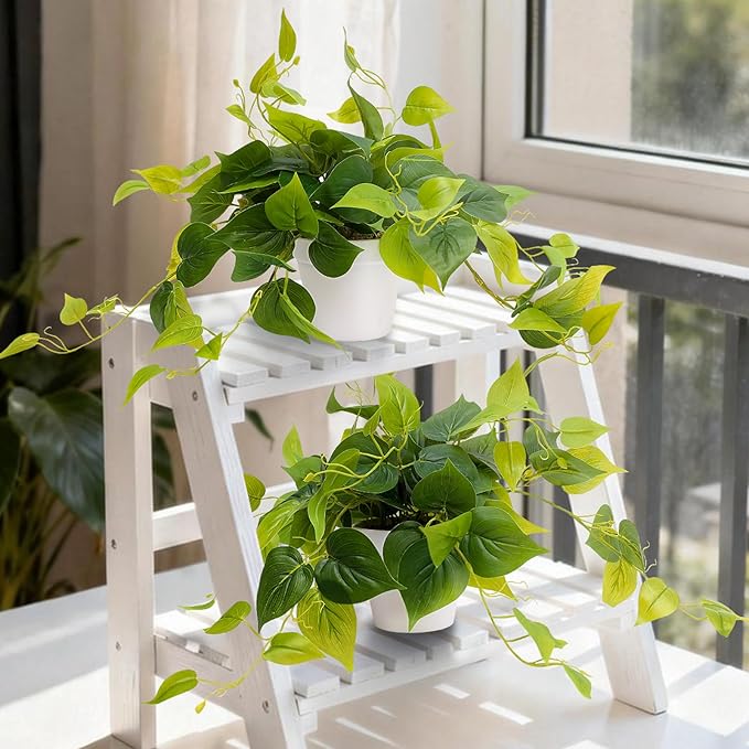 alyptus Fake Pothos Hanging Plants – Set of 2 Faux Ivy Vines Realistic Silk Devil’s Ivy for Indoor Décor, Low Maintenance Artificial Greenery for Home Bathroom or Office - Green with White Pots