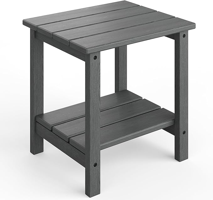 GarveeLife Outdoor Side Table 2-Tier, 18 in HDPE All Weather Resistant Patio Side Tables for Outside, End Table for Patio Pool Deck Indoor Backyard, Grey