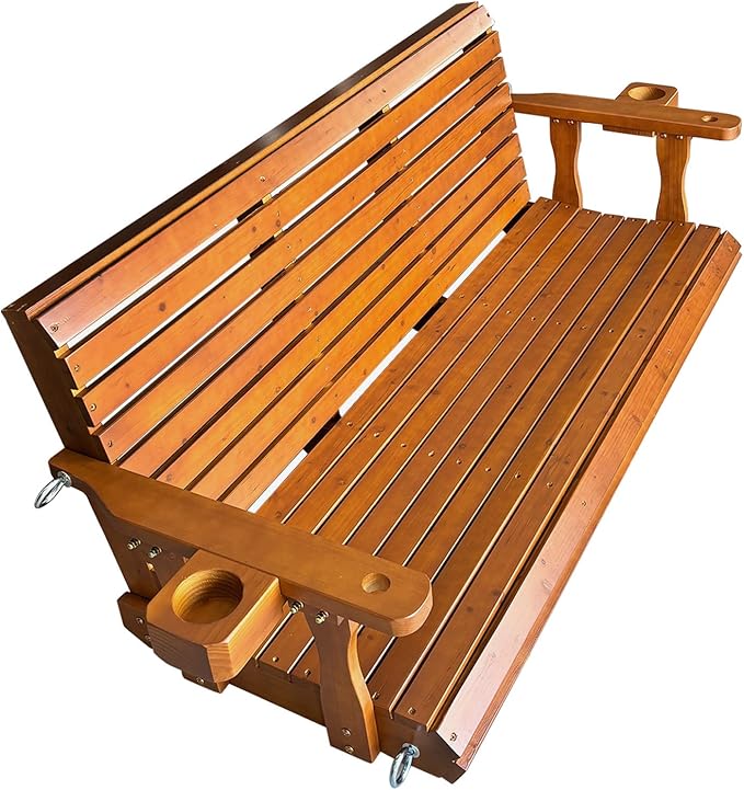 Wooden Porch Swing 3-Seater, Bench Swing with Cupholders, Hanging Chains and 7mm Springs, Heavy Duty 800 LBS, for Outdoor Patio Garden (Warm Teak Color, 5 FT Extra Large)