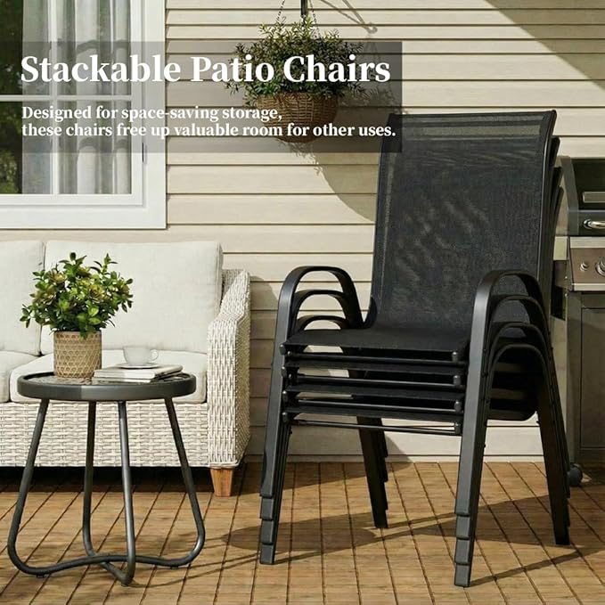 MAMIZO Patio Dining Chairs, Stackable All Weather Teslin Chair, Heavy Duty Outdoor Breathable Chairs Set, w/Armrests, Upgraded Chair FeetW/Strenthened Iron Spacers, 330 LBS (4, Black)