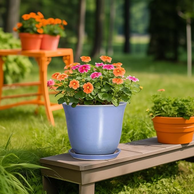 Ceramic Plant Pots - 10 Inch Plant Pot for Indoor Outdoor, Round Planter with Drainage Hole and Saucer, Decorative Large Planters, Modern Flower Pots, House Decor, Garden Gift, Purple-Blue