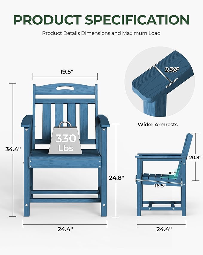 Set of 2 Weatherproof Patio Chairs - HDPE Outdoor Dining Chairs with Wide Seat, Ergonomic Design - for Garden, Backyard, Deck - Navy Blue