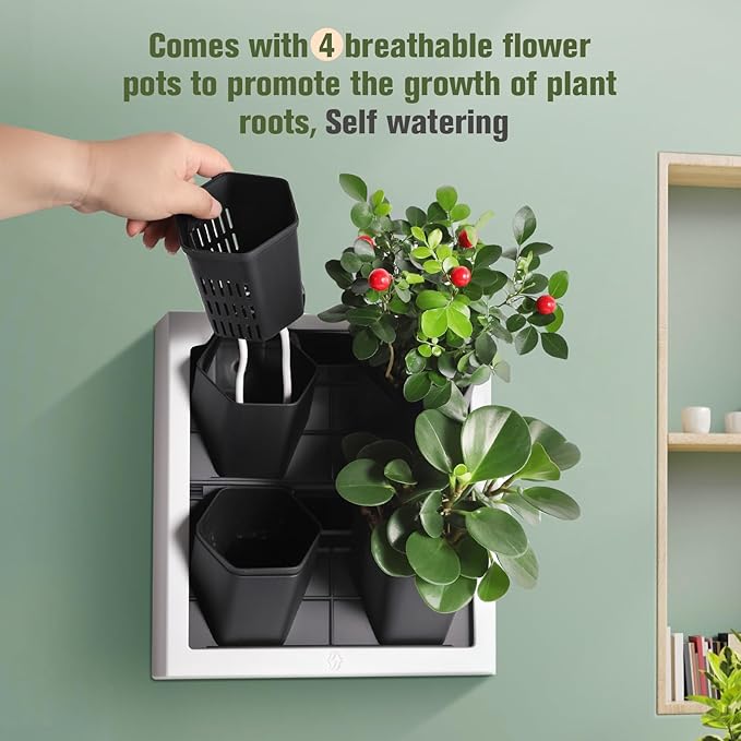 Wall-Mounted Vertical Garden Planter – Ready-to-Use Indoor Wall Planter with 4 Grow Pots – Perfect for Herbs, Succulents & Flowers – No Assembly Required (White)