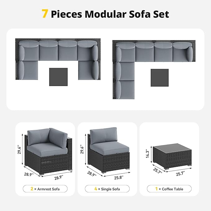 Aoxun Patio Furniture Set, 7 Piece Outdoor Sectional Sofas with Waterproof Cover, Wicker Rattan Outdoor Furniture Patio Conversation Set for Backyard, Garden Light Grey