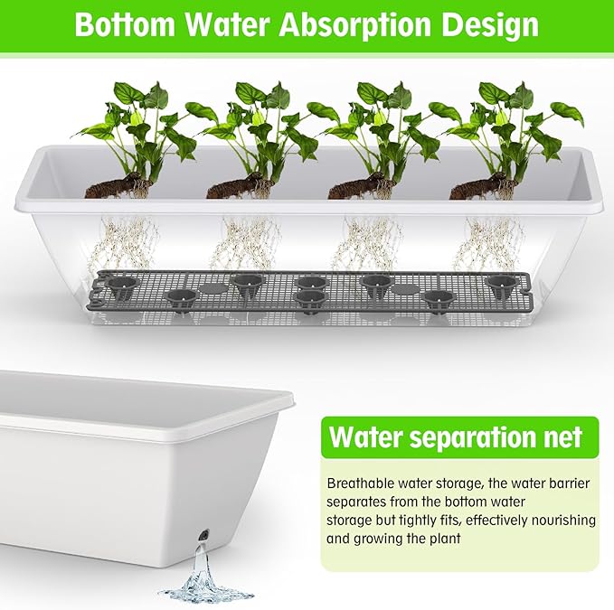8 Pack 24 Inch Window Planter Box, White Large Plastic Rectangle Flower Planter Boxes with Water Absorbing Net Indoor and Outdoor Flower Pots for Windowsill, Balcony, Patio, Porch (White, 24 Inch)