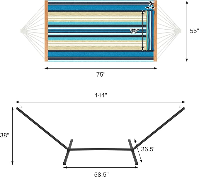 Two Person Hammock with Stand for Outside Heavy Duty, Outdoor Patio Hammock with Portable Steel Stand, Large Double Hammocks,480lbs Capacity.(Middle Blue Stripes)