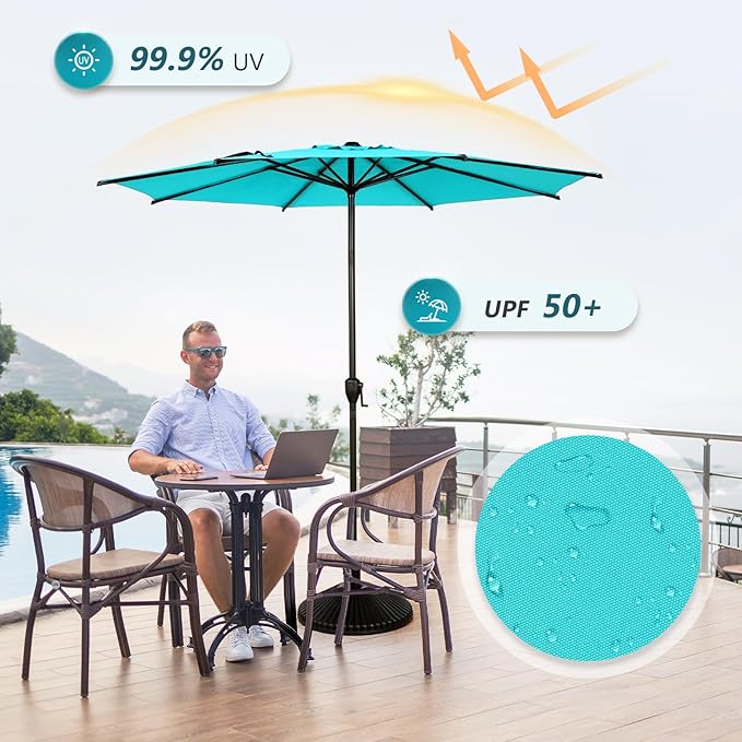 Abba Patio 9FT Lyon Outdoor Patio Umbrella Outdoor Table Umbrella with Push Button Tilt and Crank Market Umbrella 8 Sturdy Ribs UV Protection Waterproof for Garden Deck Backyard Pool, Turquoise