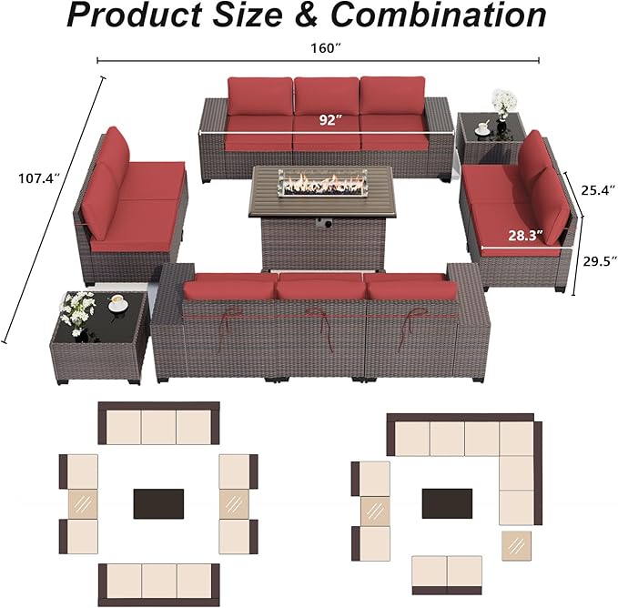 ALAULM 13 Pieces Outdoor Patio Furniture Set with Propane Fire Pit Table Outdoor Sectional Sofa Sets Patio Furniture 43" Gas Fire Pit Brown PE Rattan Patio Conversation Set w/10 Cushions (Rose Red)