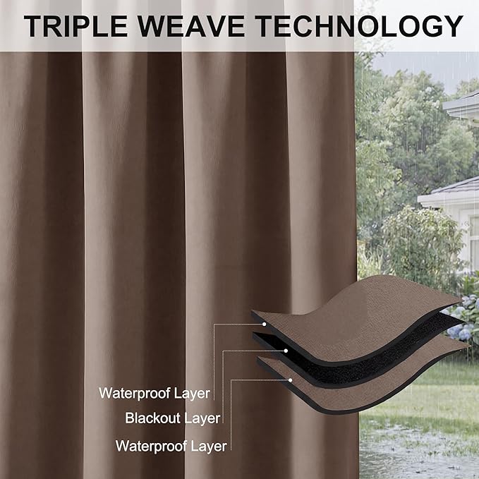 RYB HOME Extra Wide Outdoor Curtains for Patio Waterproof Heavy Duty Thermal Insulated in Summer Full Coverage Privacy for Gazebo, Cabana & Pergola, W100 x L108, Mocha, 1 Panel