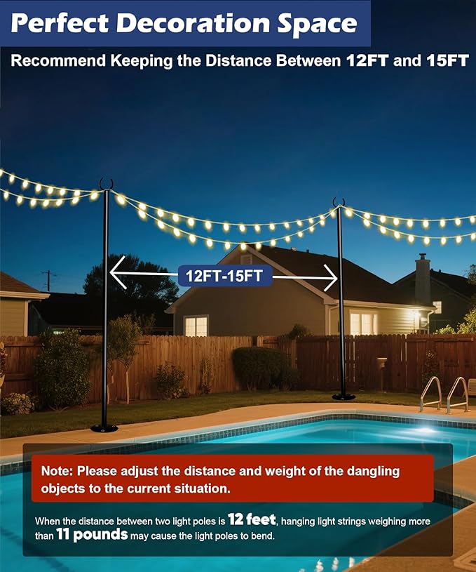 10FT String Light Poles for The Outdoor, Heavy Duty Metal Lighting Stand Pole for Hard Soil Wood Backyards Patio Weddings Holiday Party Decorations 2 Pack