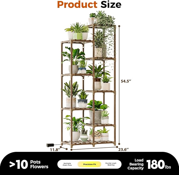 Bamworld Plant Stand with Grow Light Tall Plant Shelf for Mutiple Pots Large Wood Plant Holder Rack for Patio Living Room Balcony Warm Light