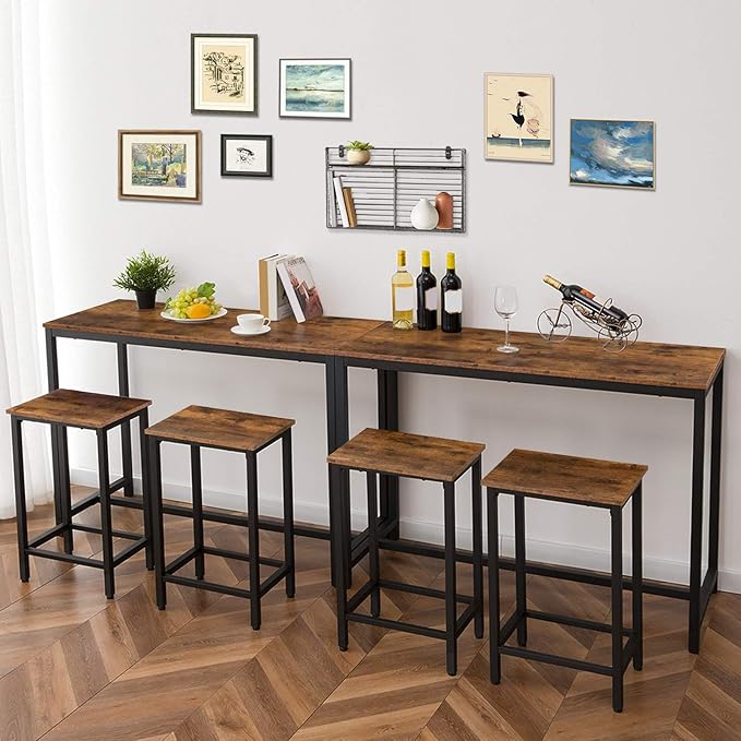 HOOBRO Bar Table and Chairs Set, 47.2” Rectangular Pub Table with 2 Stools for Small Space, High Top Table, 3-Piece Breakfast stools Set, Sturdy Metal Frame, Easy to Assemble, Rustic Brown BF52BT01