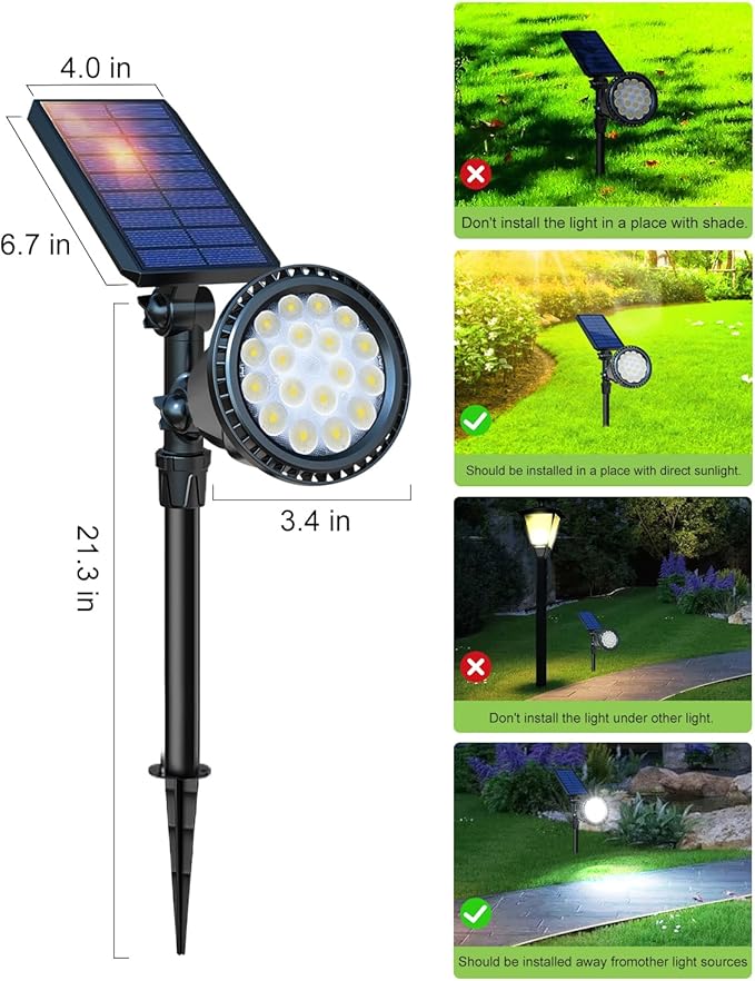 DBF Solar Spot Lights Outdoor Waterproof IP65, Cool White, 600LM High Bright, 2 Brightness Modes, 18 LED, Auto On/Off, Angel Adjustable for Flag Pole Garden Yard Patio Driveway Tree, 2 Pack