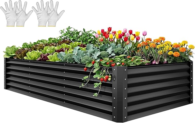 YITAHOME 8x4x1.5ft Large Raised Garden Bed Kit, Galvanized Metal Planter Box with Gloves, Ground Nails & Safety Rubber, Outdoor Above Ground Planters for Plants Vegetables Flowers, Black