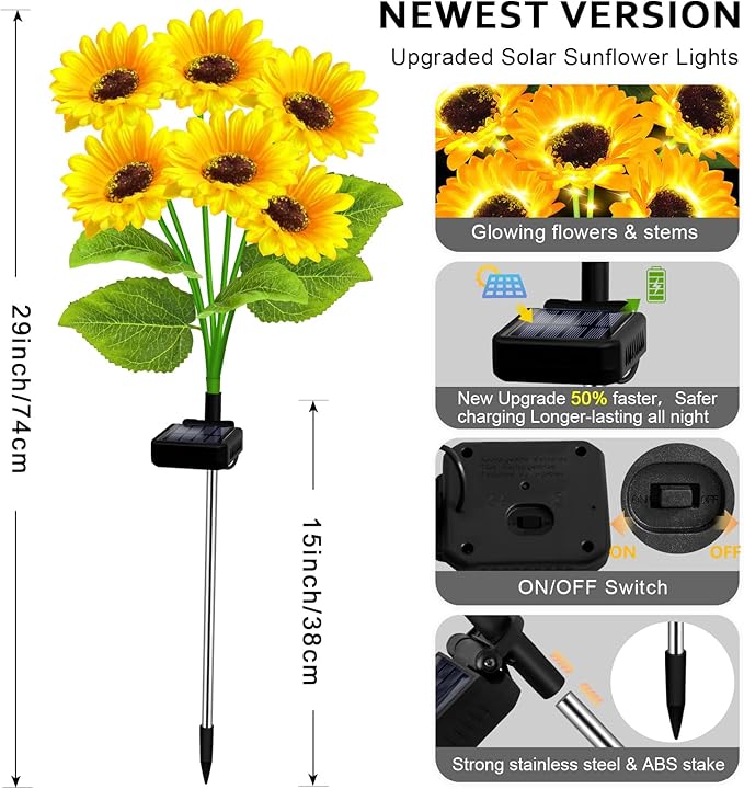 6 Pack with 36 Sunflower Lights,Solar Lights Outdoor Garden Decor,Solar Flowers Lights Waterproof,Sunflowers Birthday Gifts for Mom Women Grandma,Decorative Stakes Lights for Landscape Yard Patio Lawn