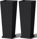Greesum Set of 2 Tall Plastic Planters with Saucer, 32 Inch Large Pots with Drainage Trays, Weather-Resistant Plastic Plant Containers for Patio, Porch, Garden,Black