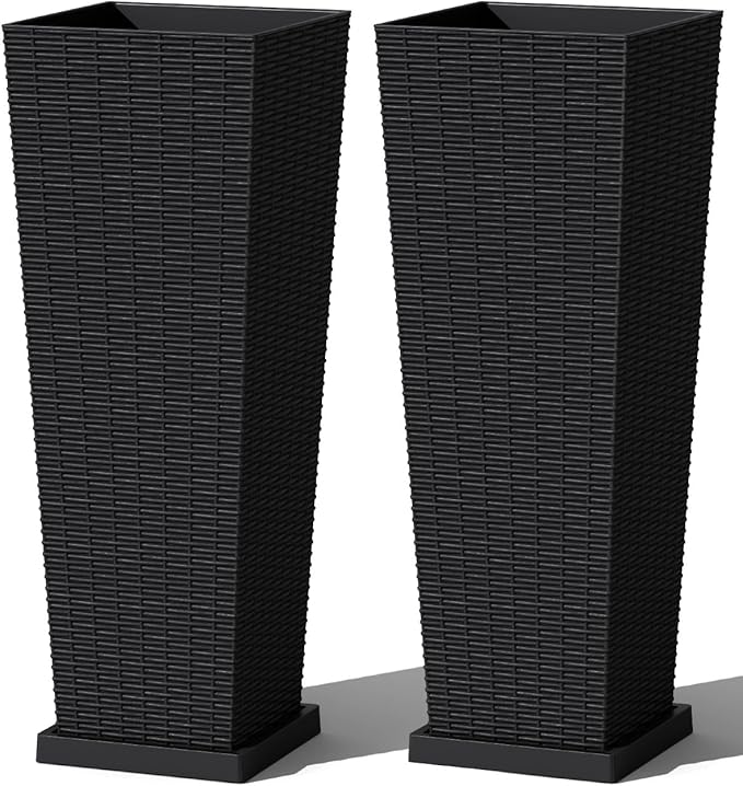 Greesum Set of 2 Tall Plastic Planters with Saucer, 32 Inch Large Pots with Drainage Trays, Weather-Resistant Plastic Plant Containers for Patio, Porch, Garden,Black