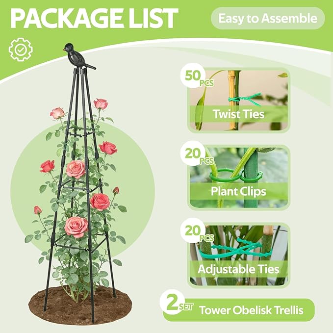 2 Pack Garden Trellis for Climbing Plants Outdoor - Rustproof Plastic Coated Steel Core Tower Obelisk Trellis - Metal Teepee Trellis Vertical Plant Support for Vines Vegetables Flowers Indoor