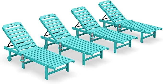 SERWALL Outdoor Chaise Lounge Set of 4, 78" Patio Lounge Chair with 5 Positions Adjustable Backrest, HDPE Lounger with Rolling Wheels & Cup Holder for Poolside, Beach, Garden, Aruba