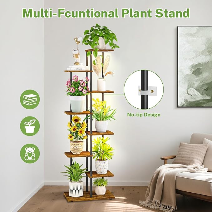 iDavosic.ly 7 Tier Tall Plant Stand Indoor with Light, Tiered Corner Metal Wood Multiple Flower Holder Shelf, 50 Inch Display Grow Rack for Living Room Bedroom, Modern Black & Rustic Brown