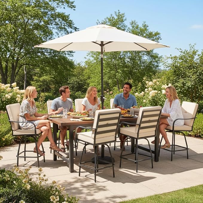 Patio Swivel Bar Stools Set of 6, Outdoor Bar Height Swivel Chairs with Cushions for Garden Balcony Backyard, Beige