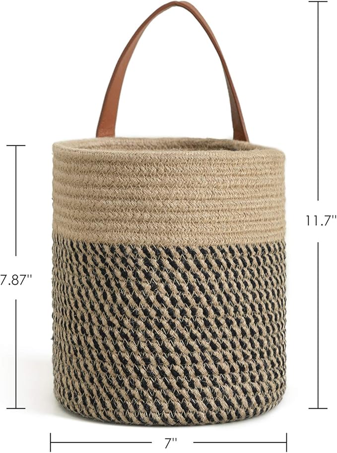 Goodpick 2pack Jute Rope Hanging Basket - 7.87" x 7" Small Woven Fern Wall Hanging Basket Flower Plants, Woven Storage, Black and Jute