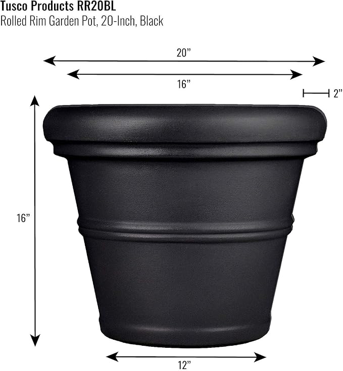 Tusco Products RR20BK Classic Rolled Rim Garden Planter, 20", Black