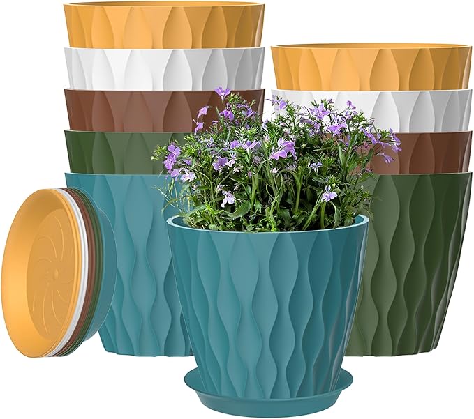10 Pack 5 Inch Plant Pots with Drainage and Saucers, Multicolour Plastic Flower Pots for Indoor and Outdoor Plants, Stackable Nursery Planters for Houseplants and Herbs, Multicolour